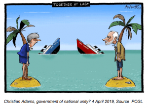 A meme about Theresa May and Jeremy Corbyn both on sinking ships
